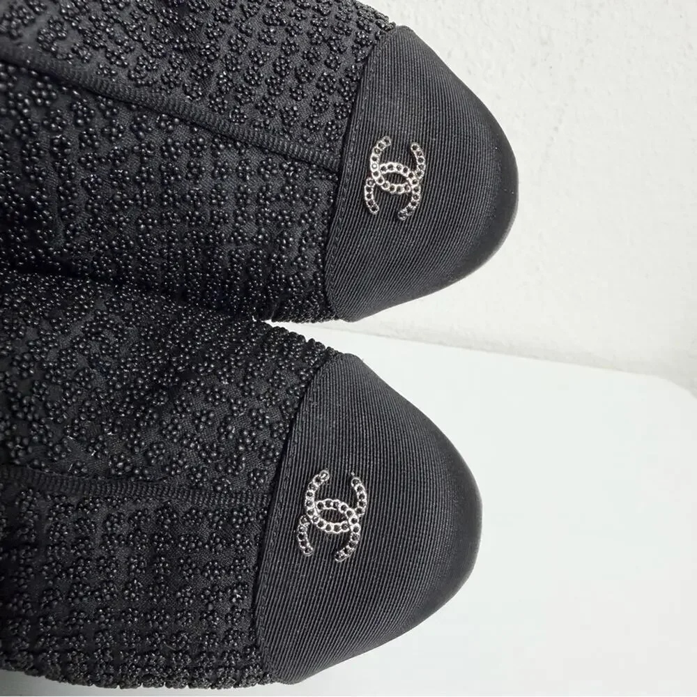 Chanel Beaded Ankle Booties Black Cap Toe Heels 38.5 CC Logo